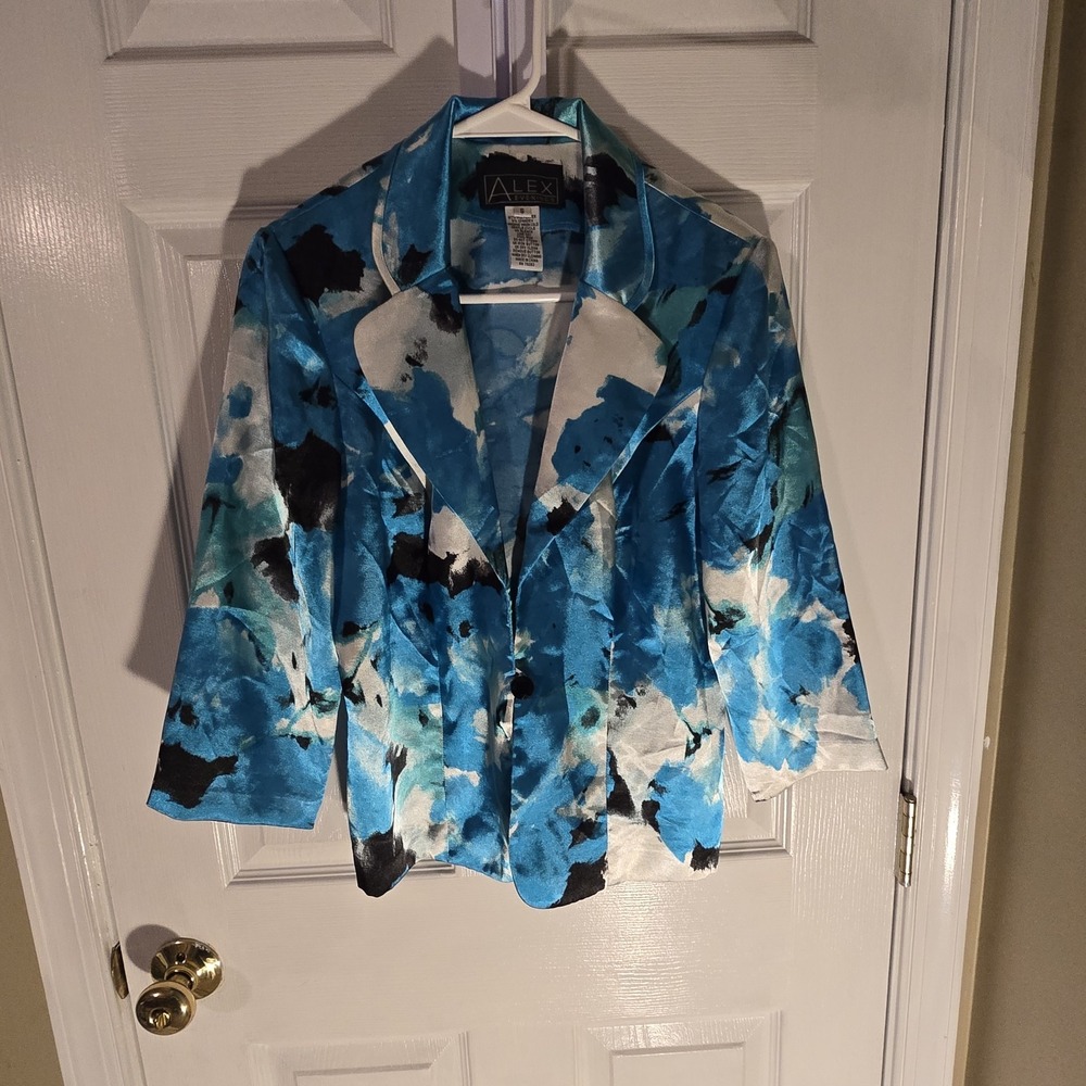 Alex Evenings Blue Abstract Floral Satin Blazer Jacket Turquoise Black White S